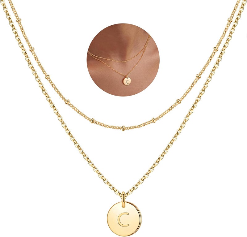 IEFWELL Valentines Gifts - Initial Necklaces for Women Girls, 14K Gold-Plated Silver Double Side Engraved Hammered Coin Necklaces, Layered Necklace Jewelry Pendant for Teen Girls - Image 1